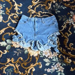 Blue Jean Shorts with Distressed Frayed Hem‎